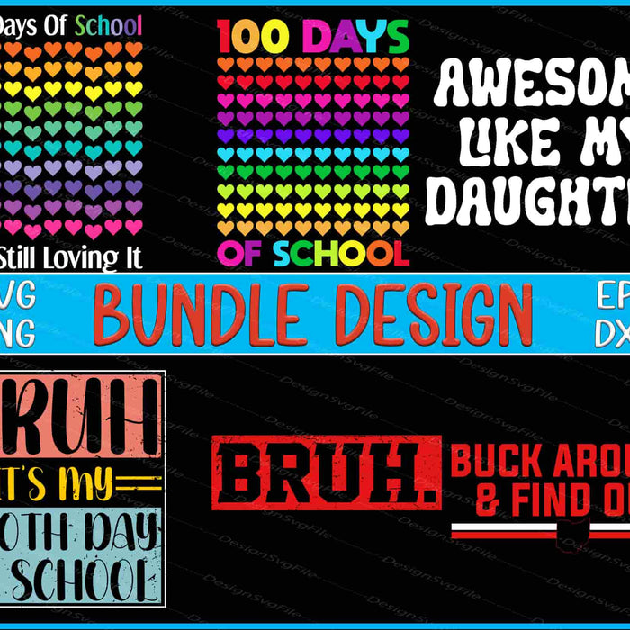 Collection of 100 Days of School-themed designs with text and heart patterns on a black background.