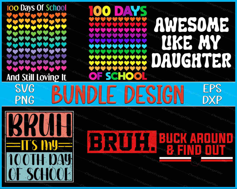 Collection of 100 Days of School-themed designs with text and heart patterns on a black background.