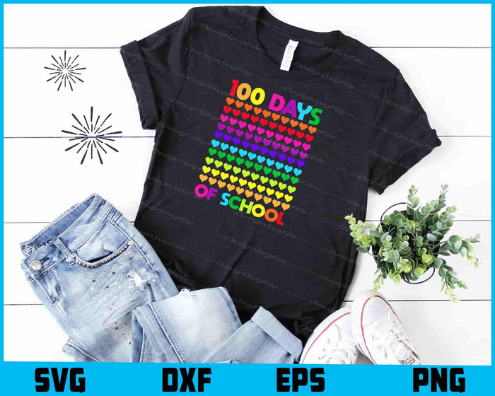 Collection of 100 Days of School-themed designs with text and heart patterns on a black background.