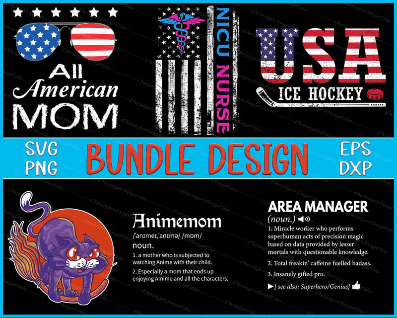 Collection of various design elements with text and graphics on a black background