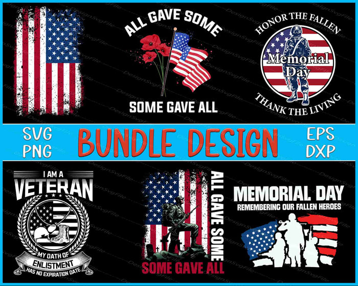 Collection of Memorial Day-themed graphics with American flags and veterans' symbols, featuring text and bundle design information.