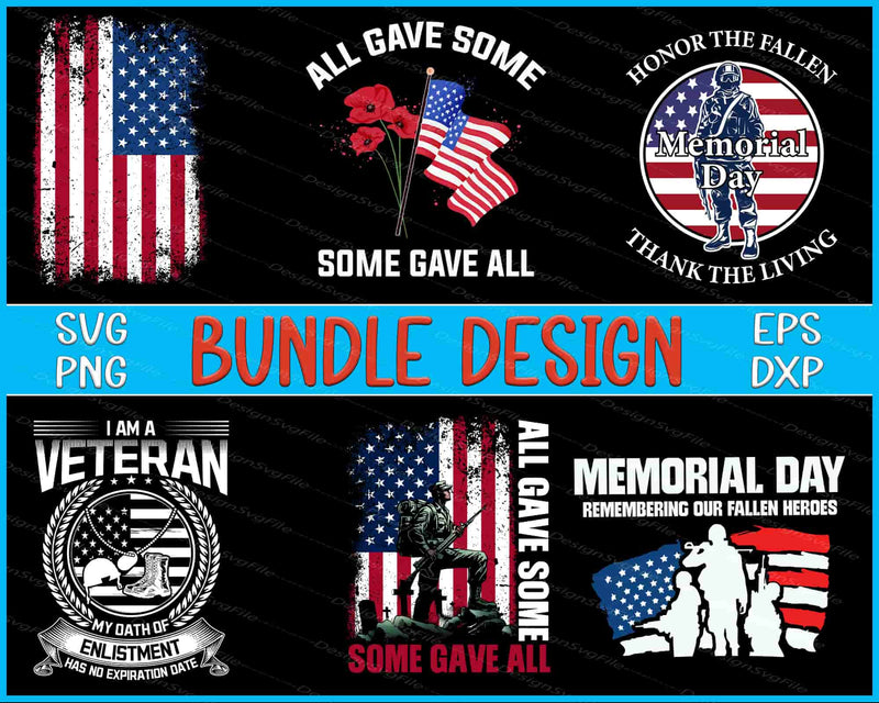 Collection of Memorial Day-themed graphics with American flags and veterans' symbols, featuring text and bundle design information.
