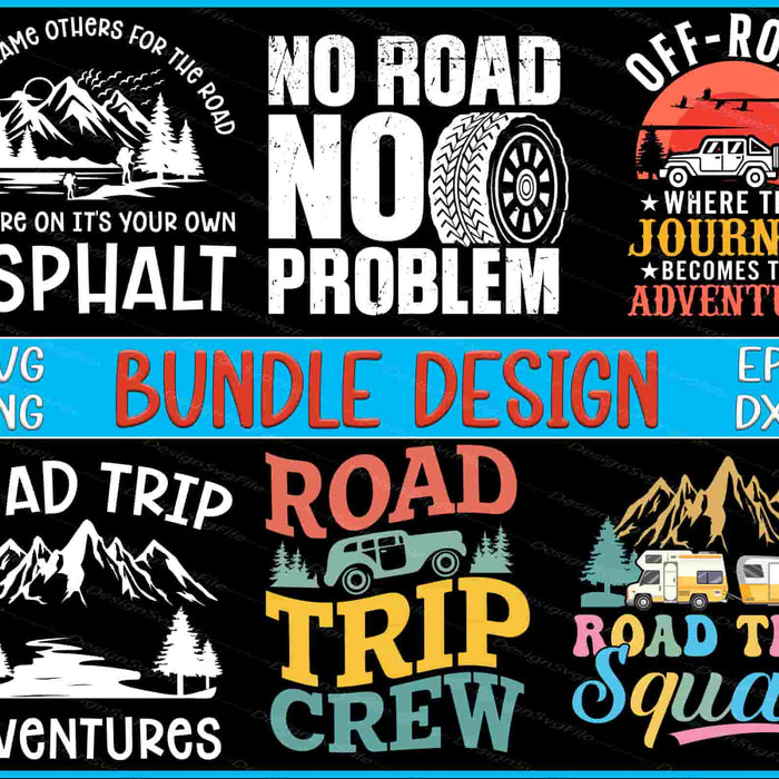 Collection of road trip-themed designs with text and graphics on a black background.