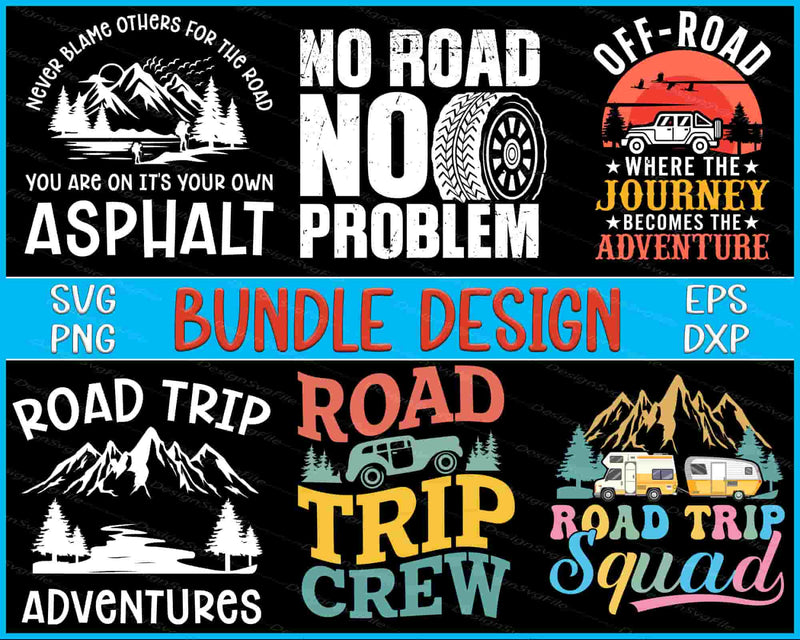 Collection of road trip-themed designs with text and graphics on a black background.