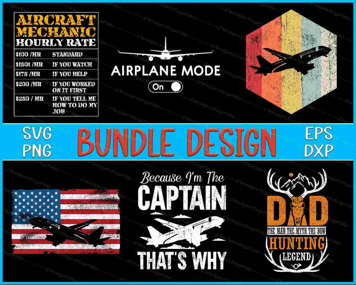 Collection of airplane-themed graphics and text on a black background