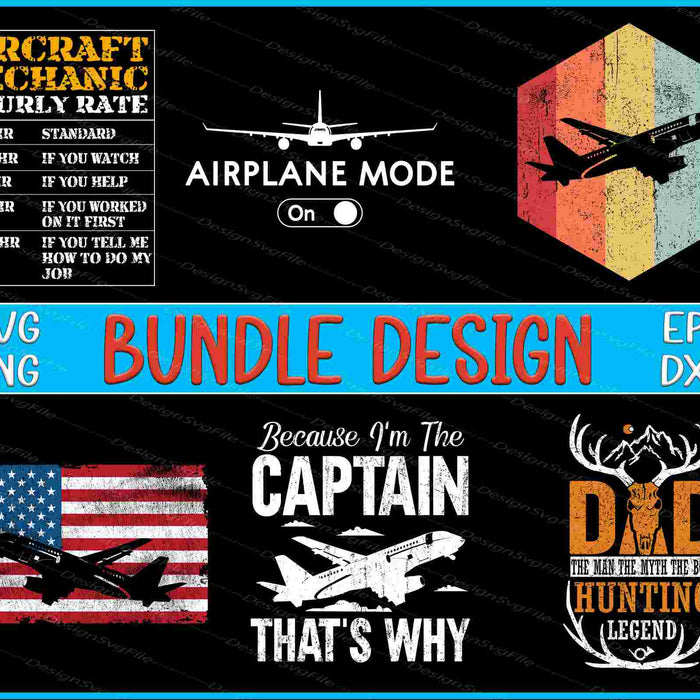 Collection of airplane-themed graphics and text on a black background