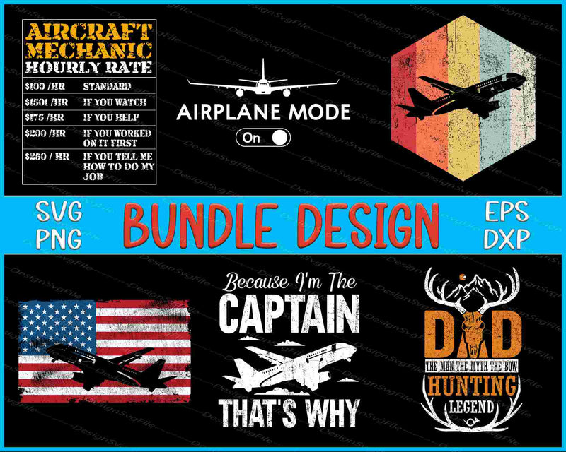 Collection of airplane-themed graphics and text on a black background