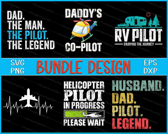 Collection of aviation-themed designs with text and graphics on a black background.