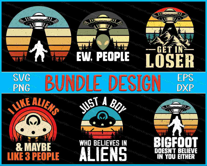 Collection of alien-themed designs with text and graphics on a black background.