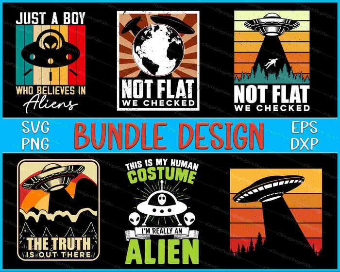 Collection of 'Not Flat' themed graphics with alien and UFO elements, including text like 'Just a boy who believes in aliens' and 'Not flat, we checked'.