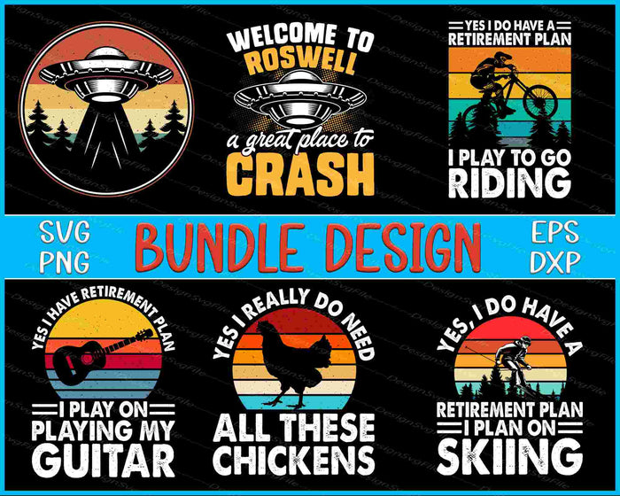Collection of vintage-style graphics with text and icons on a black background, featuring themes like UFOs, retirement plans, and hobbies.