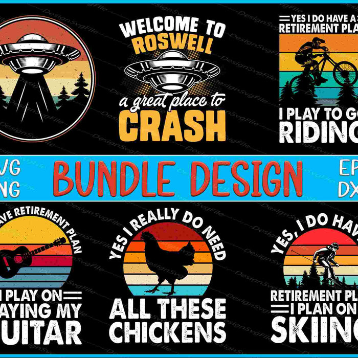 Collection of vintage-style graphics with text and icons on a black background, featuring themes like UFOs, retirement plans, and hobbies.
