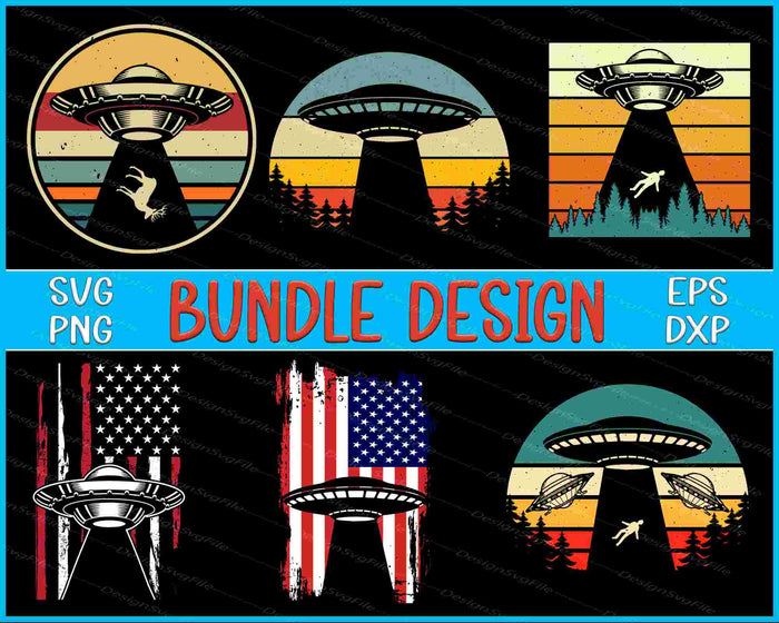 Collection of UFO and American flag designs with 'Bundle Design' text.