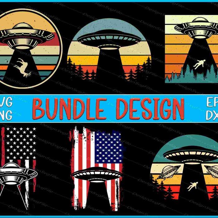 Collection of UFO and American flag designs with 'Bundle Design' text.