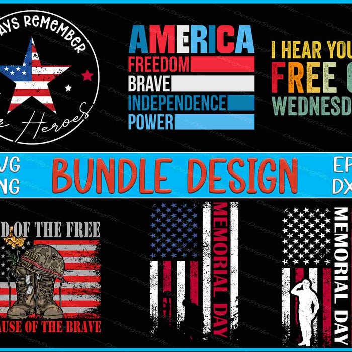 Collection of patriotic graphics and text with American flag elements on a black background.