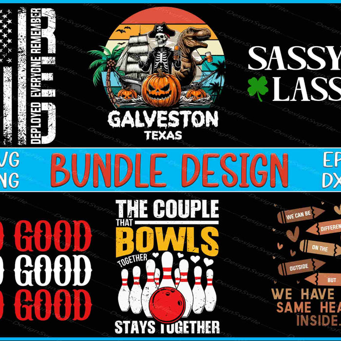 Collection of various design bundles with text and graphics on a black background.