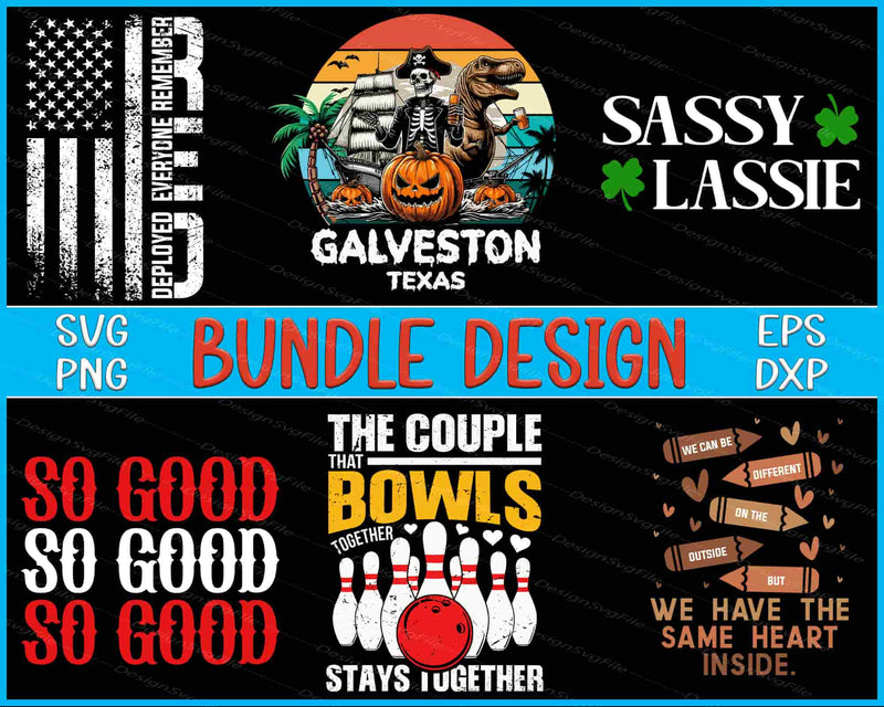 Collection of various design bundles with text and graphics on a black background.