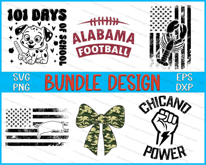 Collection of graphic designs with text and symbols on a white background, featuring 'Alabama Football' and 'Chicano Power'.
