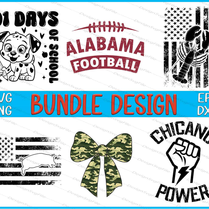 Collection of graphic designs with text and symbols on a white background, featuring 'Alabama Football' and 'Chicano Power'.