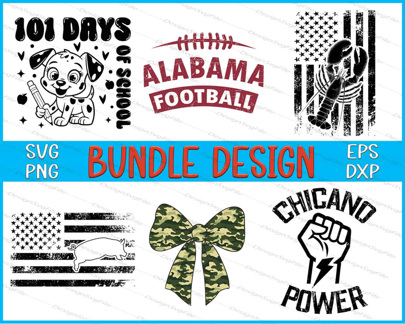 Collection of graphic designs with text and symbols on a white background, featuring 'Alabama Football' and 'Chicano Power'.