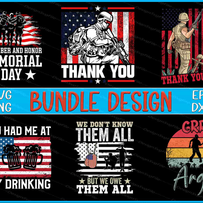 Collection of Memorial Day-themed graphic designs with text and flags on a black background.