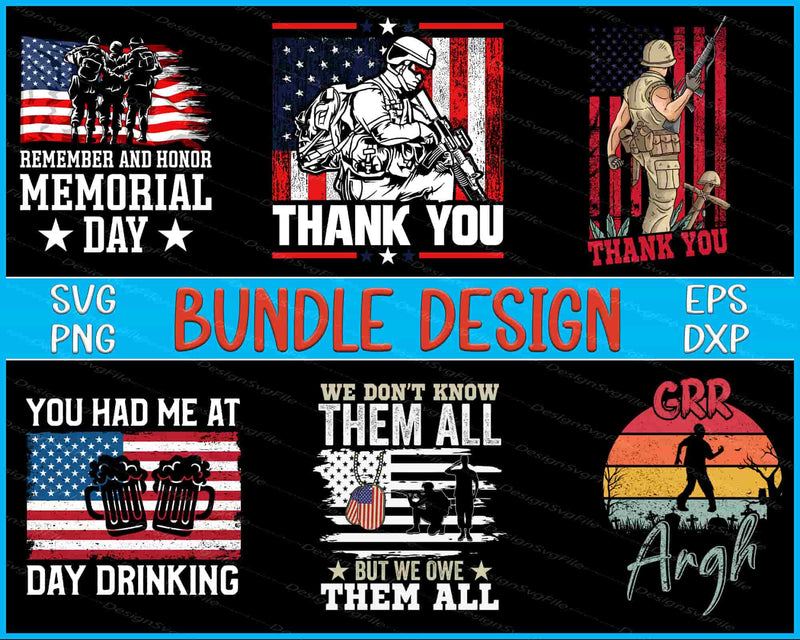 Collection of Memorial Day-themed graphic designs with text and flags on a black background.
