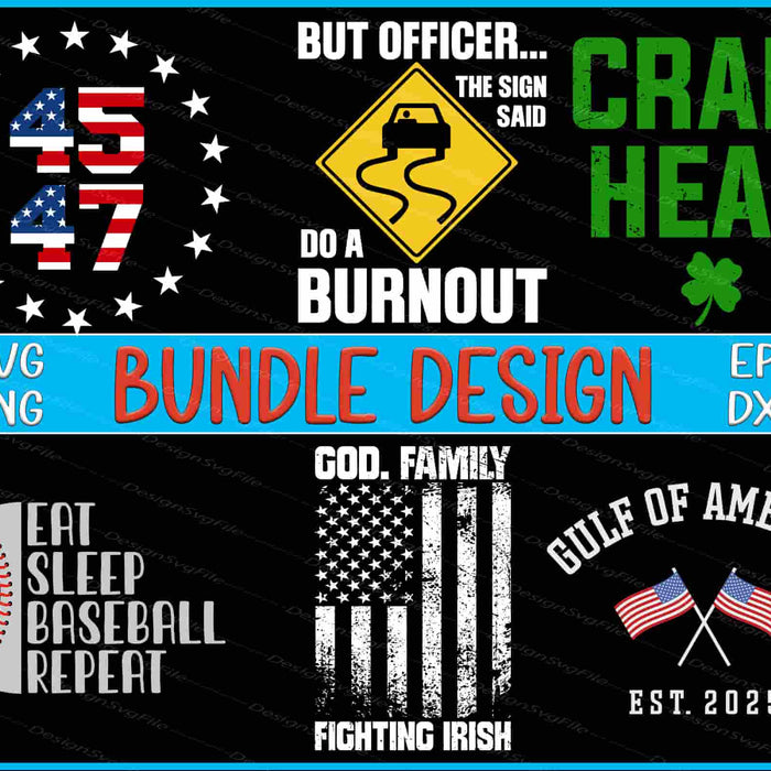 Collection of various graphic designs with text and symbols on a black background