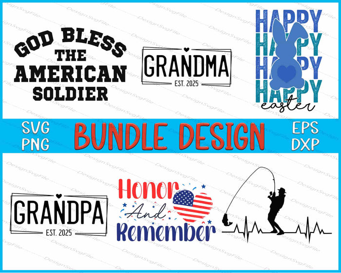 Collection of various design bundles with text and graphics on a white background.