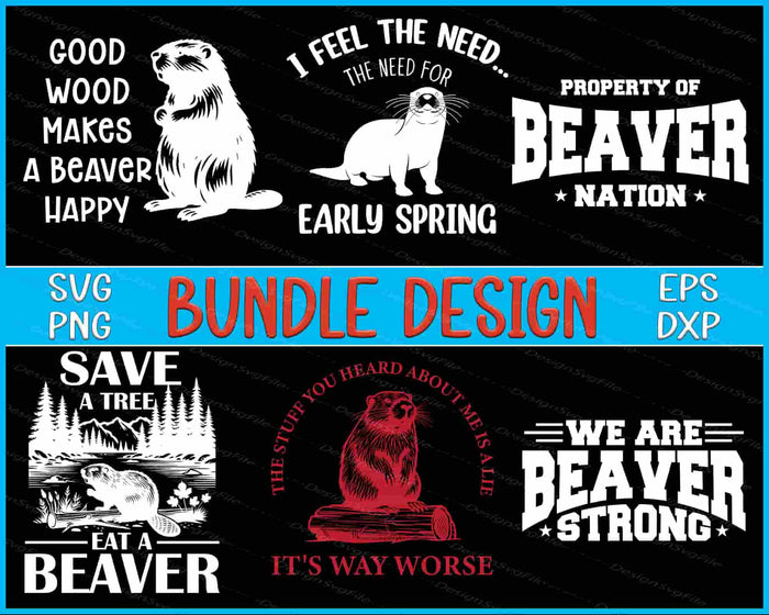 Collection of beaver-themed designs with text and graphics on a black background.