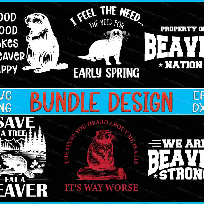 Collection of beaver-themed designs with text and graphics on a black background.