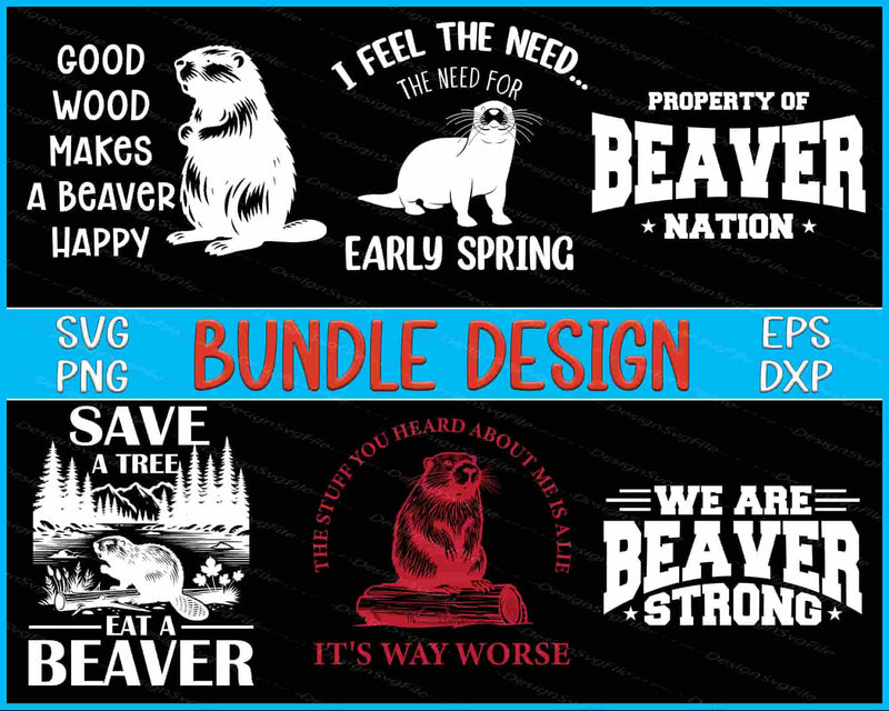 Collection of beaver-themed designs with text and graphics on a black background.