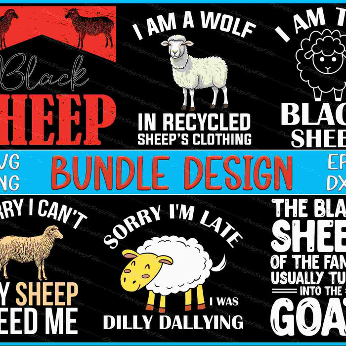 Collection of black sheep-themed graphics with text and illustrations on a black background.