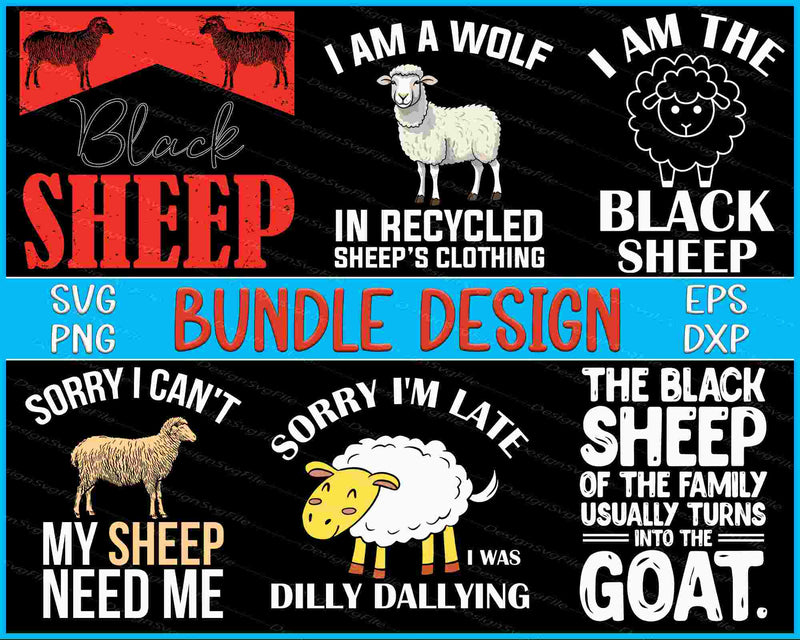 Collection of black sheep-themed graphics with text and illustrations on a black background.