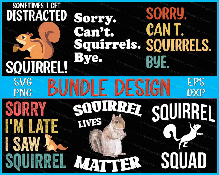 Collection of squirrel-themed designs with text and graphics on a black background.
