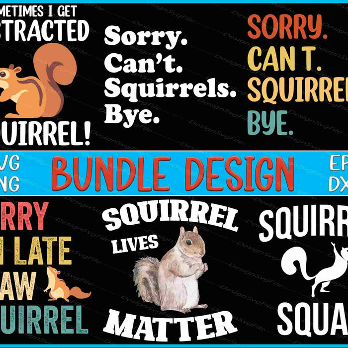 Collection of squirrel-themed designs with text and graphics on a black background.