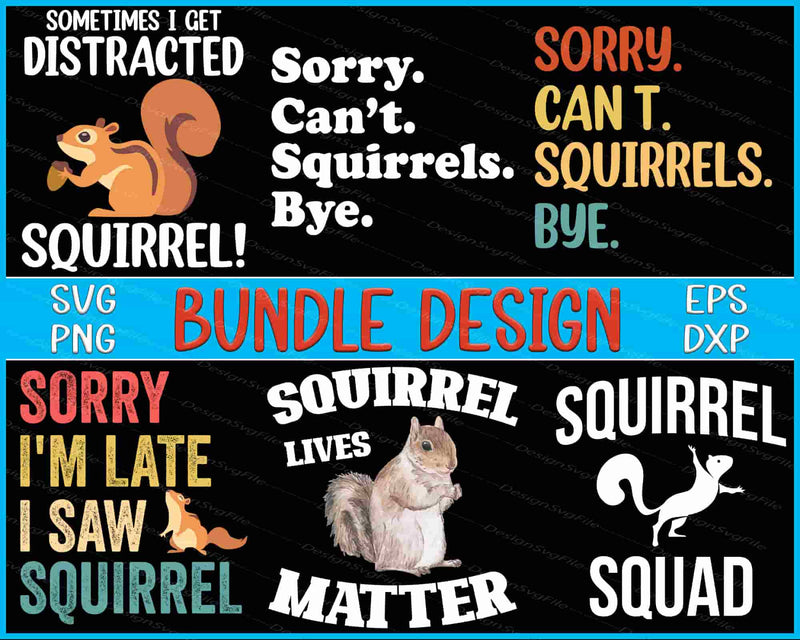 Collection of squirrel-themed designs with text and graphics on a black background.