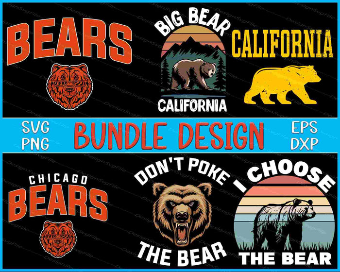 Collection of bear-themed designs with text and graphics on a black background