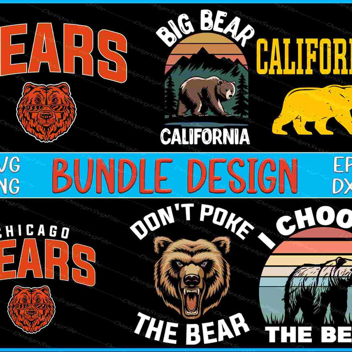 Collection of bear-themed designs with text and graphics on a black background