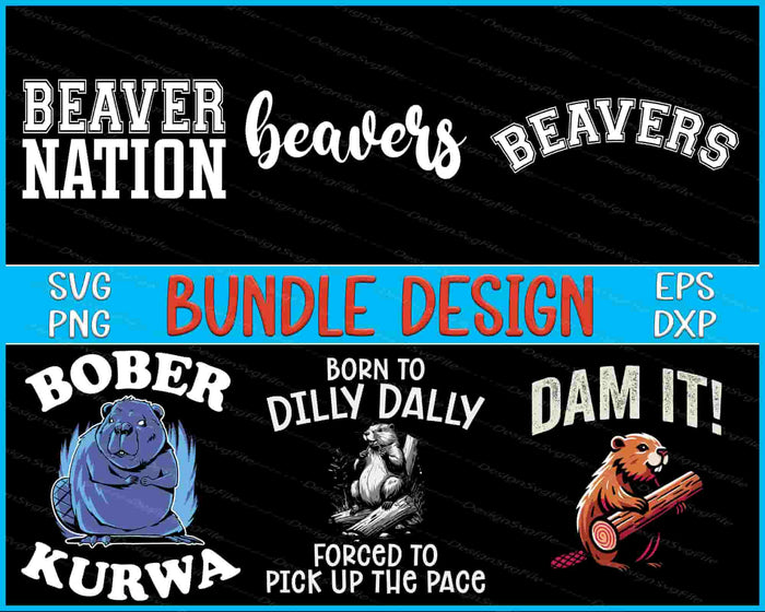 Collection of beaver-themed designs with text and graphics on a black background.