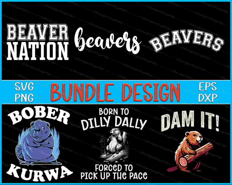 Collection of beaver-themed designs with text and graphics on a black background.