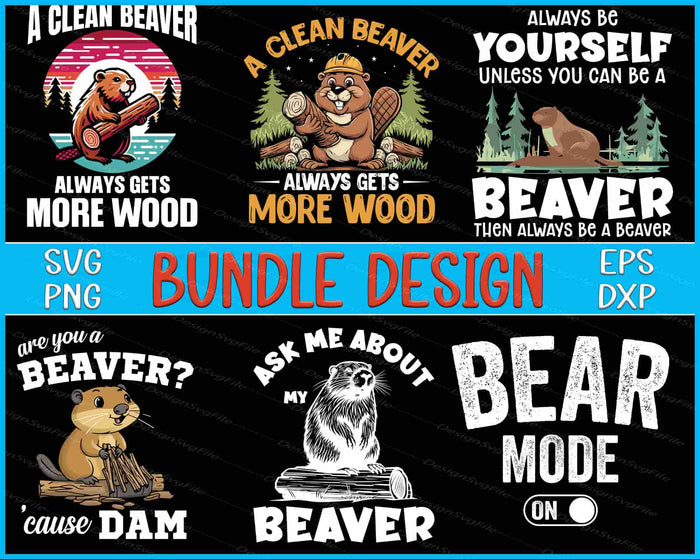 Collection of beaver-themed designs with text and graphics on a black background.