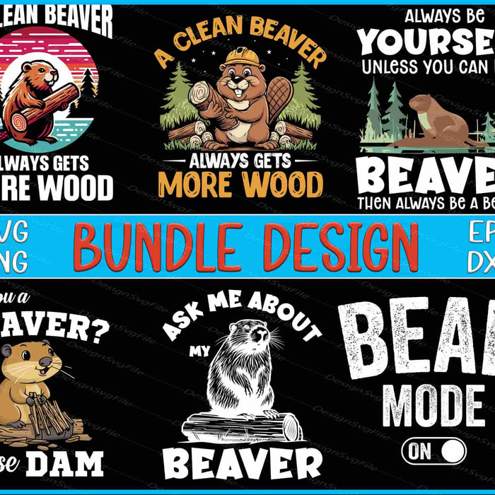 Collection of beaver-themed designs with text and graphics on a black background.