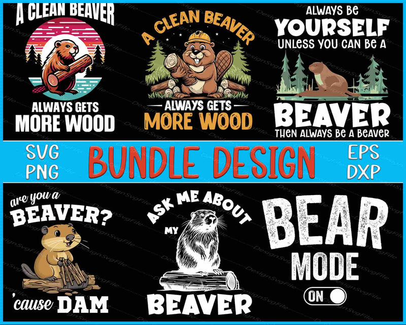 Collection of beaver-themed designs with text and graphics on a black background.