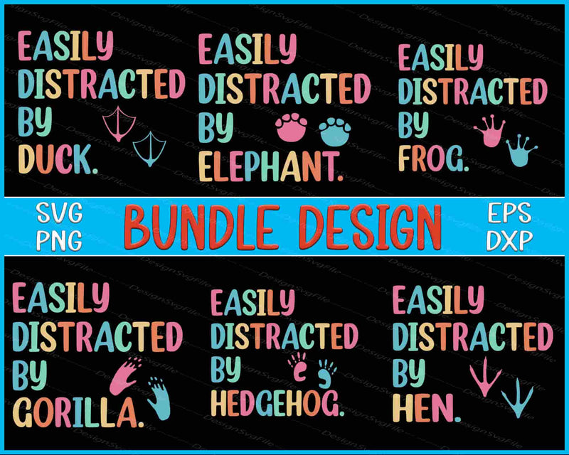 Colorful text design bundle with various animals and their descriptions on a black background.