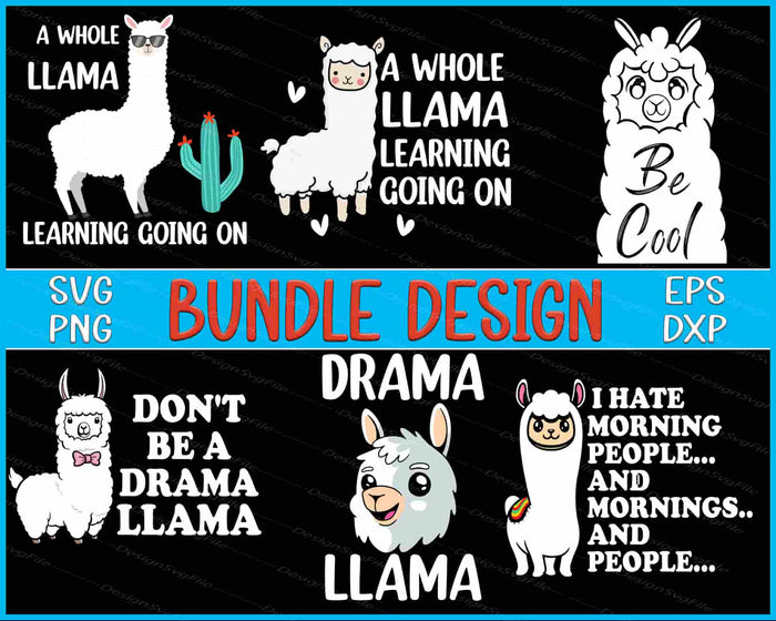 Set of llama-themed designs with text and graphics on a black background