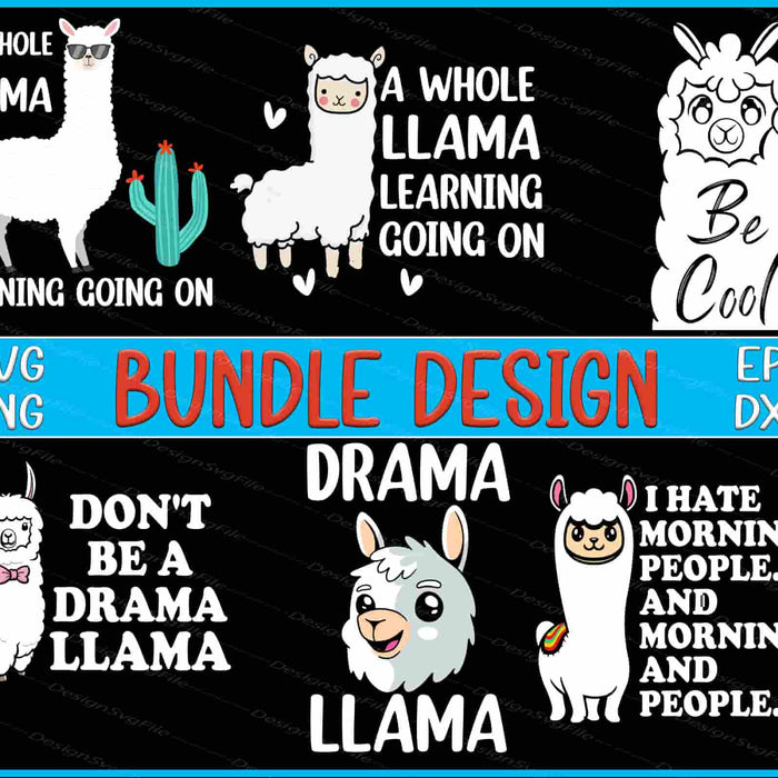 Set of llama-themed designs with text and graphics on a black background