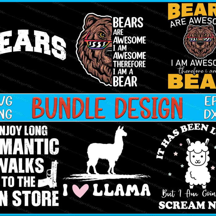 Collection of bear-themed graphics with text and a llama illustration, labeled as a bundle design.