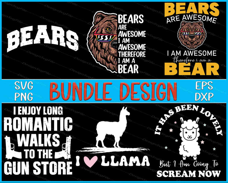 Collection of bear-themed graphics with text and a llama illustration, labeled as a bundle design.