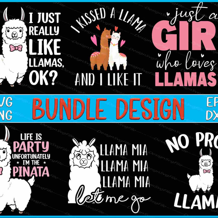 Collection of llama-themed designs with text and graphics on a black background.