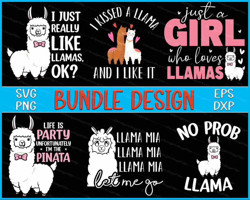 Collection of llama-themed designs with text and graphics on a black background.